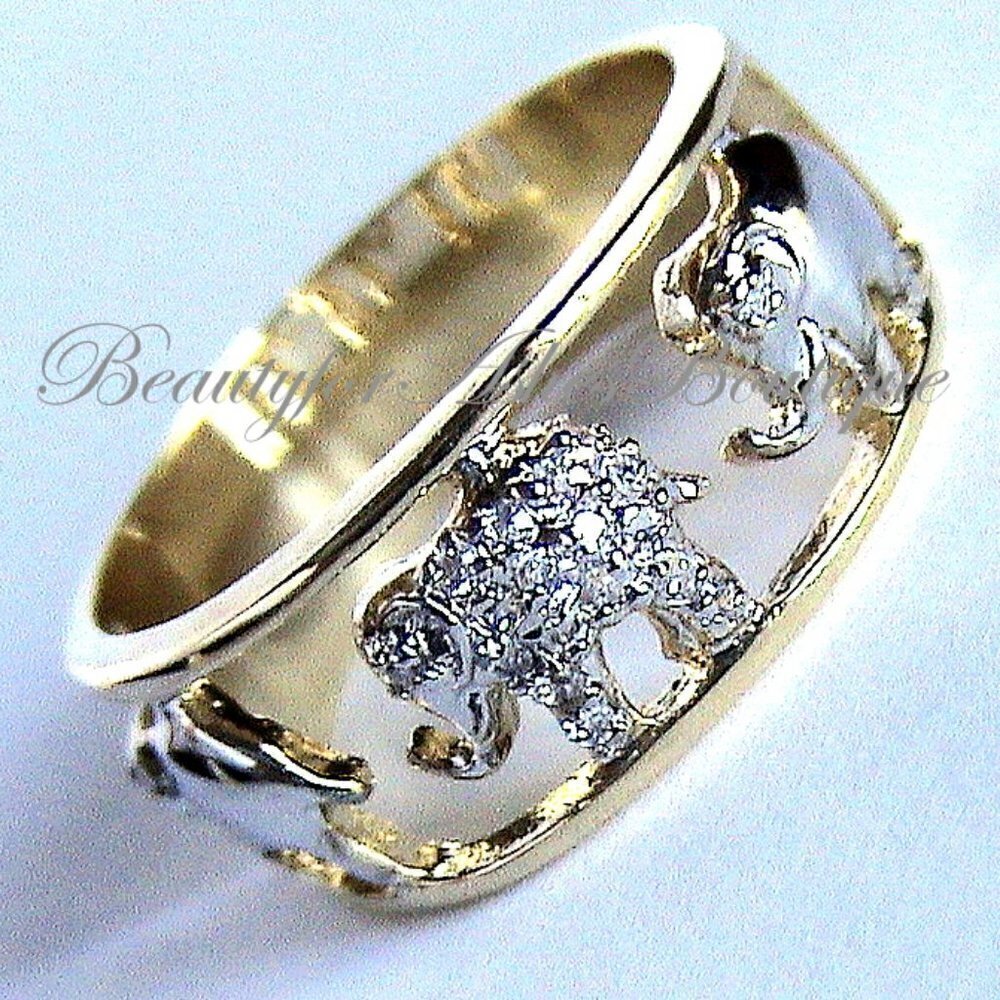 Wild Africa Cubic Zirconia Two 2 Tone Gold Plated Elephant Walk Pave Cz Ring 9
